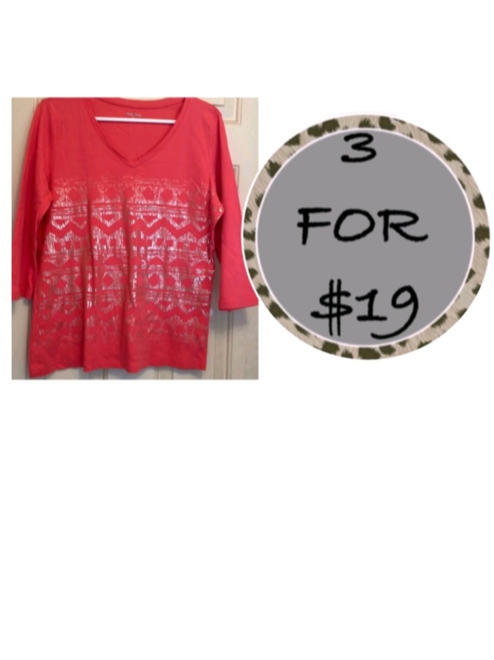 3/$19 Studio Works coral shimmer 3/4 sleeve top